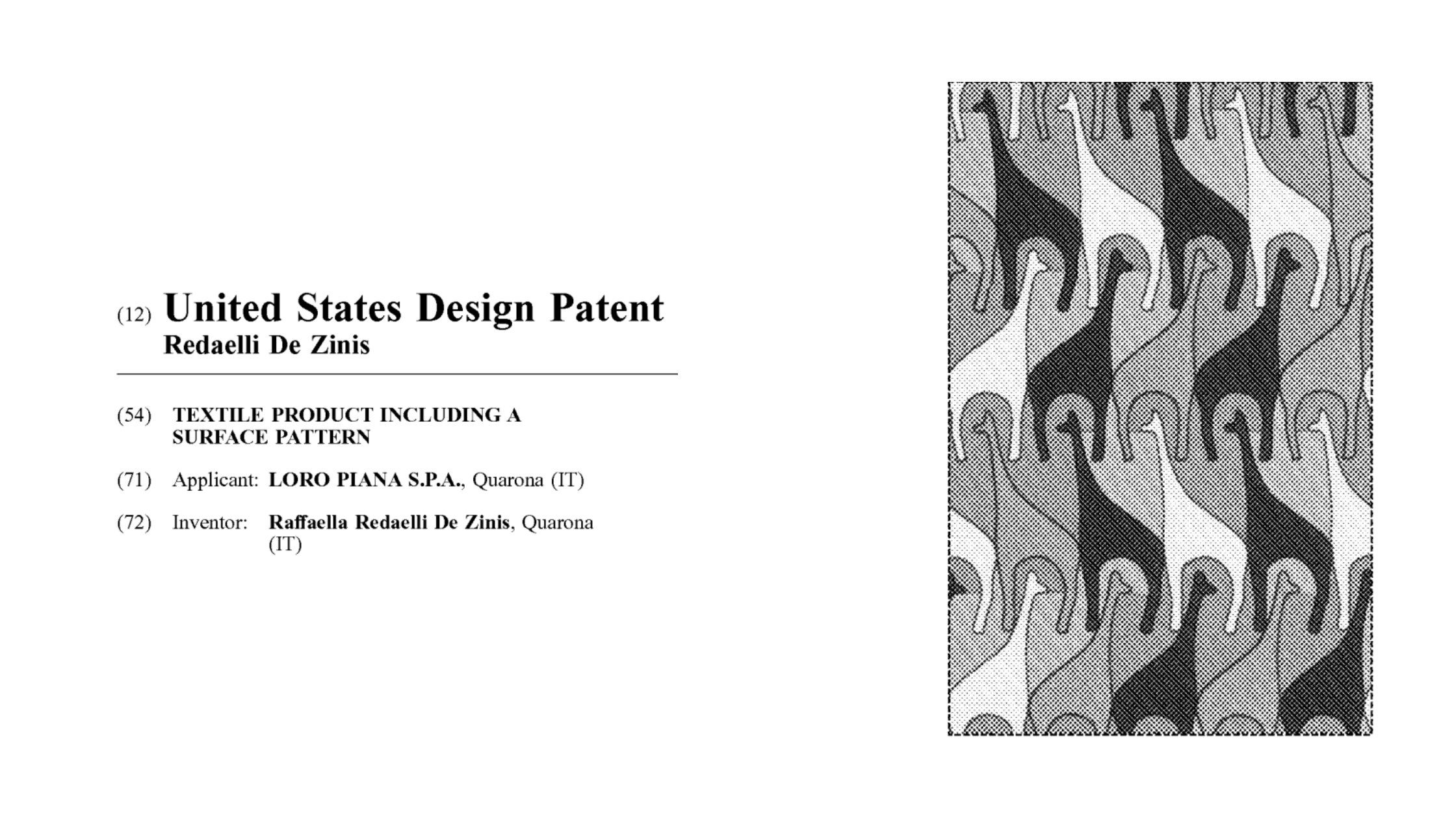 ​​Патент Loro Piana на текстильный узор с жирафами, выдан в апреле 2021 года.